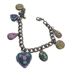 Puffy Heart Charm Bracelet Brass Tone Enamel Decor Teardrop 7 Locket Charms